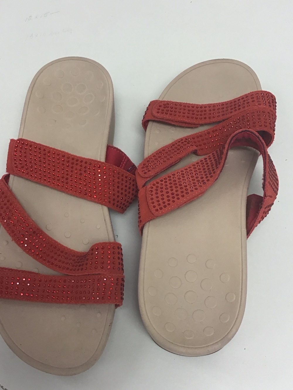 Vionic Red Rhinestone Triple-Strap Slide Sandals - Picture 4 of 6
